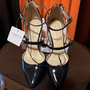 Liz Claiborne Navy Patent Pointed-Toe Double Strap Heels